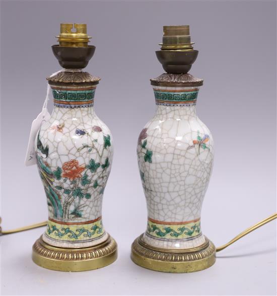 A pair of Chinese crackleware converted lamp bases Height excluding electrical fittings approx. 18cm